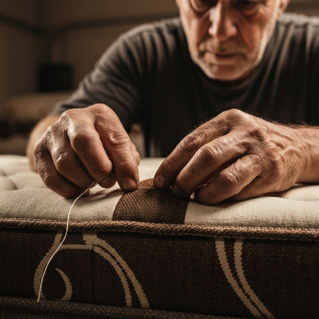 Aireloom master craftsman hand-tufting a luxury mattress in the California workshop — a tradition of over 80 years